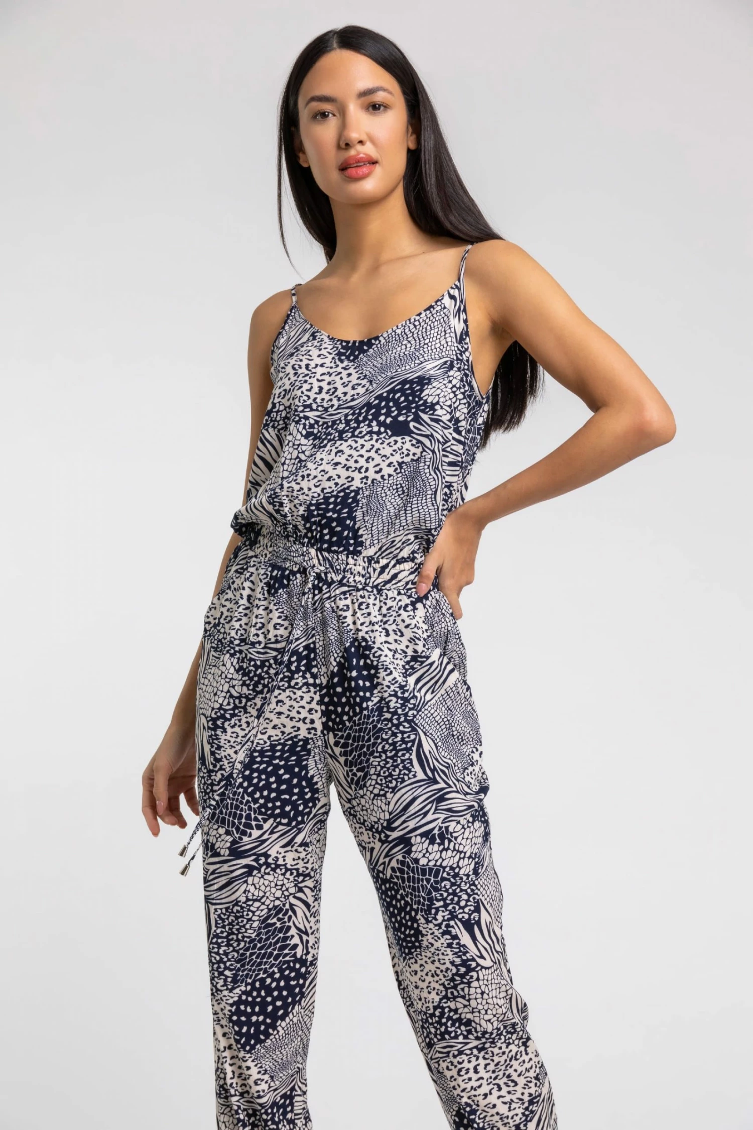 Roman Blue Mixed Animal Print Shirred Cuff Jumpsuit 3 Roman Blue Mixed Animal Print Shirred Cuff Jumpsuit