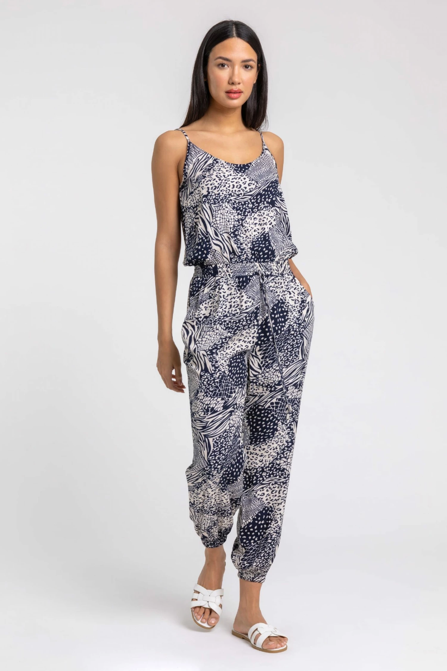 Roman Blue Mixed Animal Print Shirred Cuff Jumpsuit 5 Roman Blue Mixed Animal Print Shirred Cuff Jumpsuit - Image 3