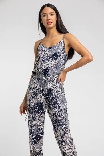 Roman Blue Mixed Animal Print Shirred Cuff Jumpsuit 7 Roman Blue Mixed Animal Print Shirred Cuff Jumpsuit - Image 5