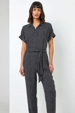 Roman Black Spot Print Collared Jumpsuit