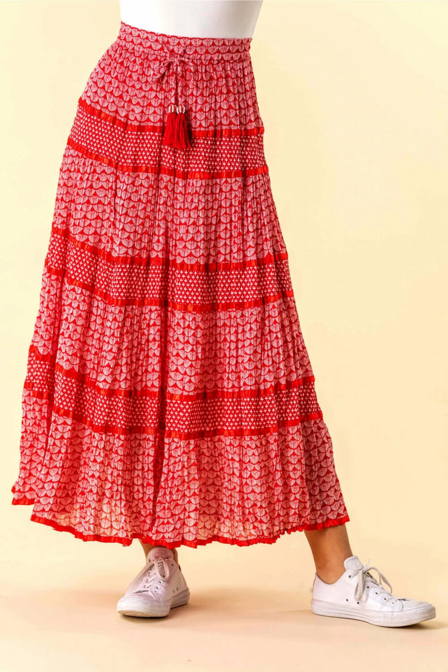 Roman Red Monochrome Print Tiered Maxi Skirt 3 Roman Red Monochrome Print Tiered Maxi Skirt