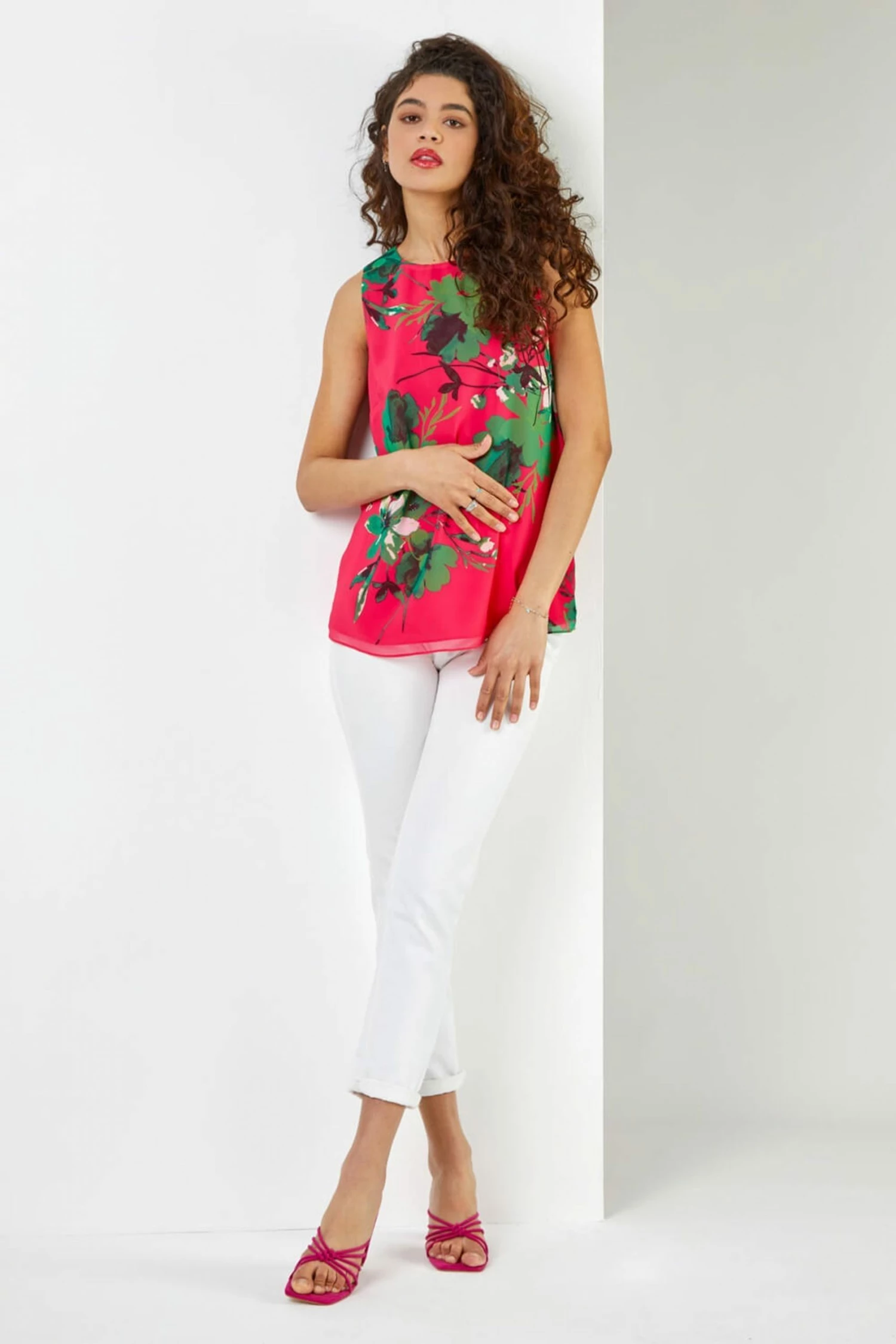 Roman Pink Tropical Print Chiffon Vest Top 4 Roman Pink Tropical Print Chiffon Vest Top - Image 2