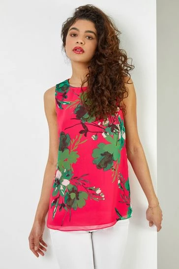 Roman Pink Tropical Print Chiffon Vest Top 7 Roman Pink Tropical Print Chiffon Vest Top - Image 5