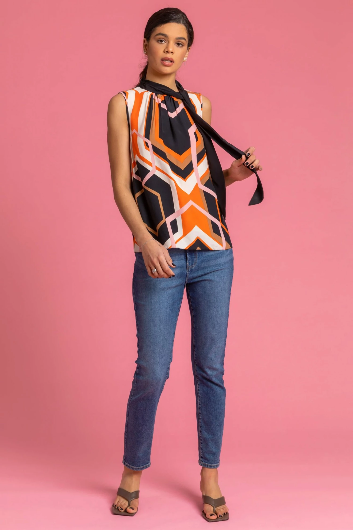 Roman Orange Geo Print Tie Neck Top 5 Roman Orange Geo Print Tie Neck Top - Image 3