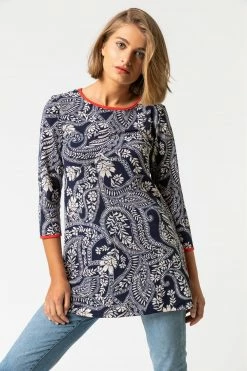 Roman Blue Paisley Print Contrast Trim Tunic Top