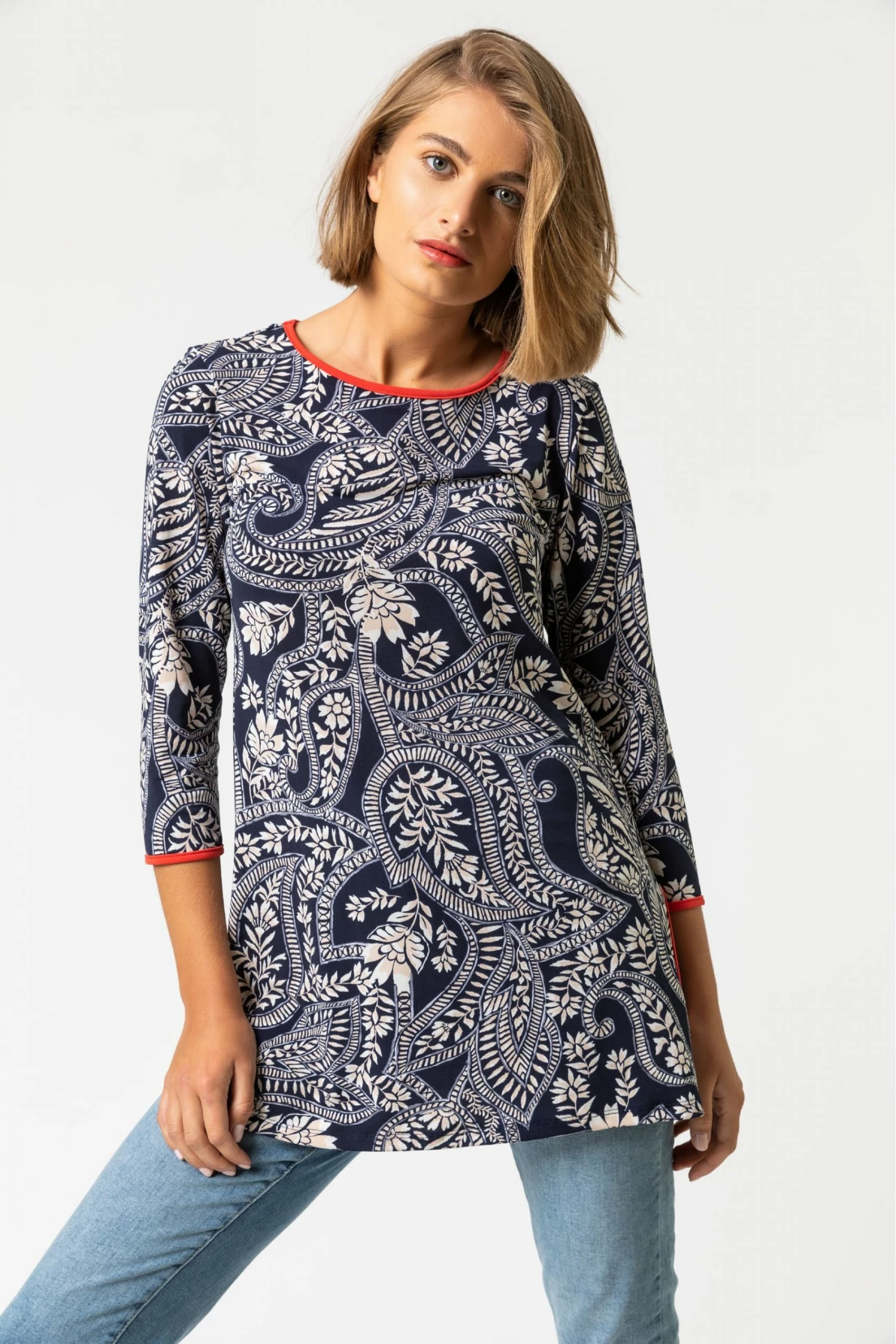 Roman Blue Paisley Print Contrast Trim Tunic Top 3 Roman Blue Paisley Print Contrast Trim Tunic Top