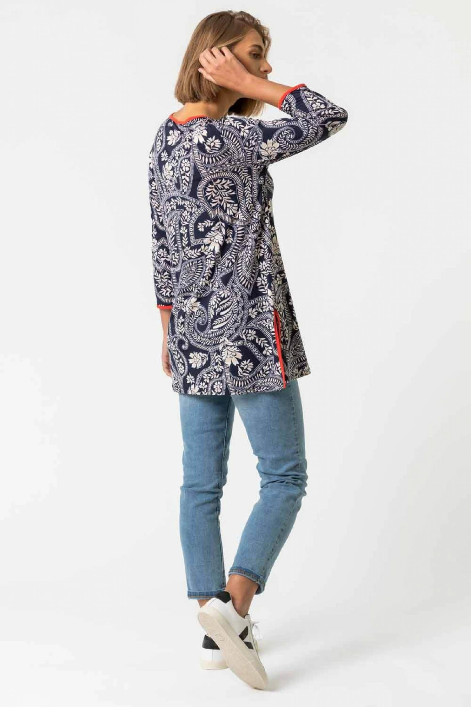 Roman Blue Paisley Print Contrast Trim Tunic Top 4 Roman Blue Paisley Print Contrast Trim Tunic Top - Image 2