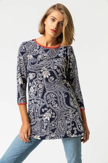 Roman Blue Paisley Print Contrast Trim Tunic Top 7 Roman Blue Paisley Print Contrast Trim Tunic Top - Image 5