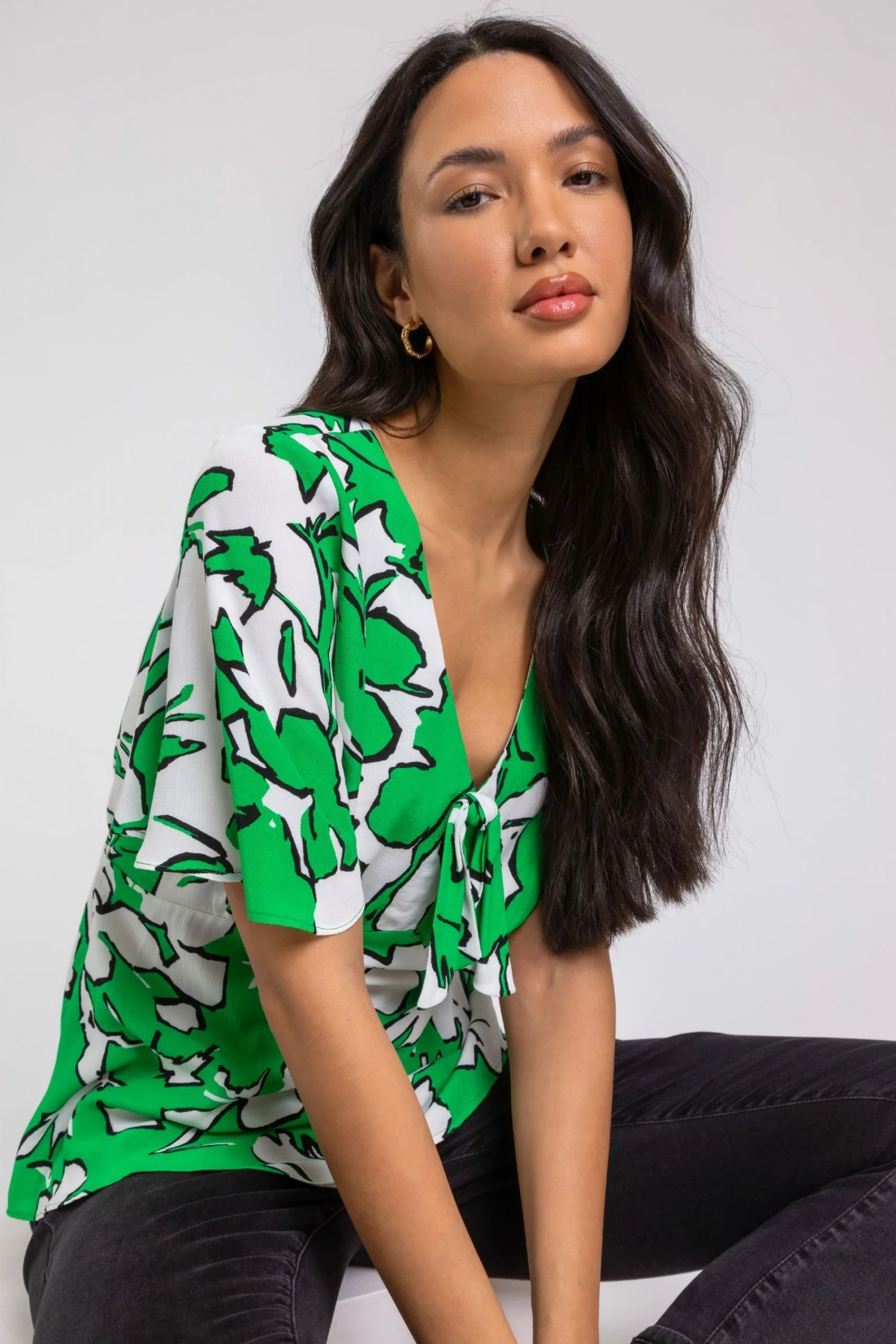 Roman Green Contrast Floral Tie Detail Top 3 Roman Green Contrast Floral Tie Detail Top