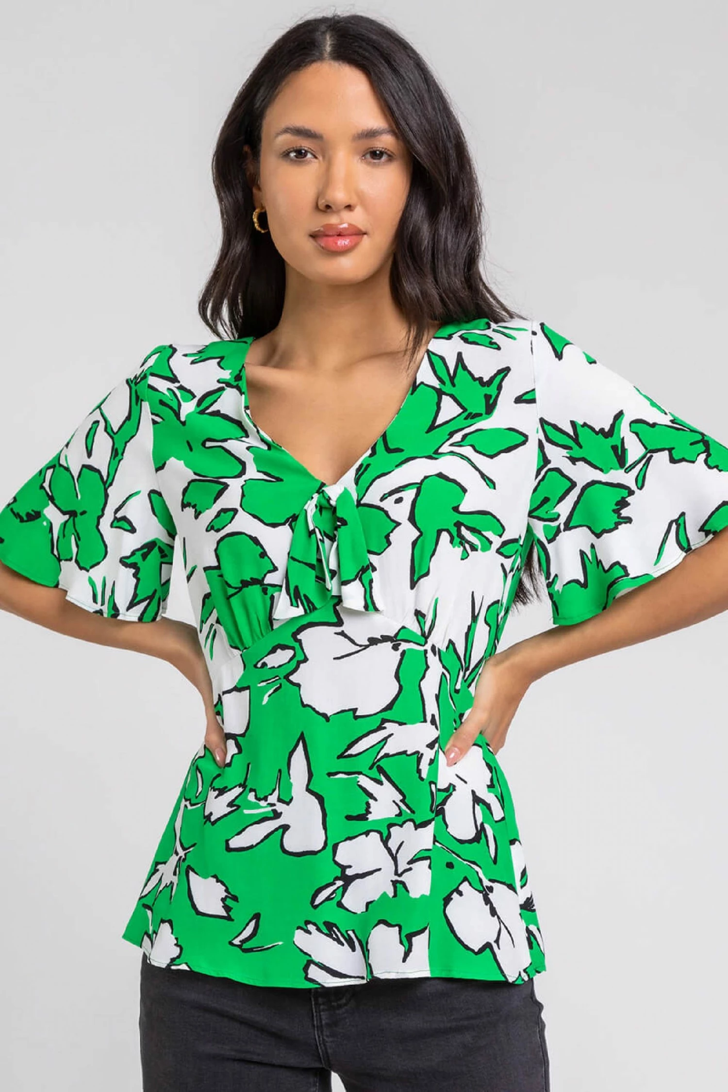 Roman Green Contrast Floral Tie Detail Top 6 Roman Green Contrast Floral Tie Detail Top - Image 4