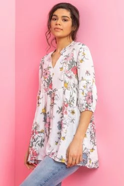 Roman White Floral Print Boho Smock Top