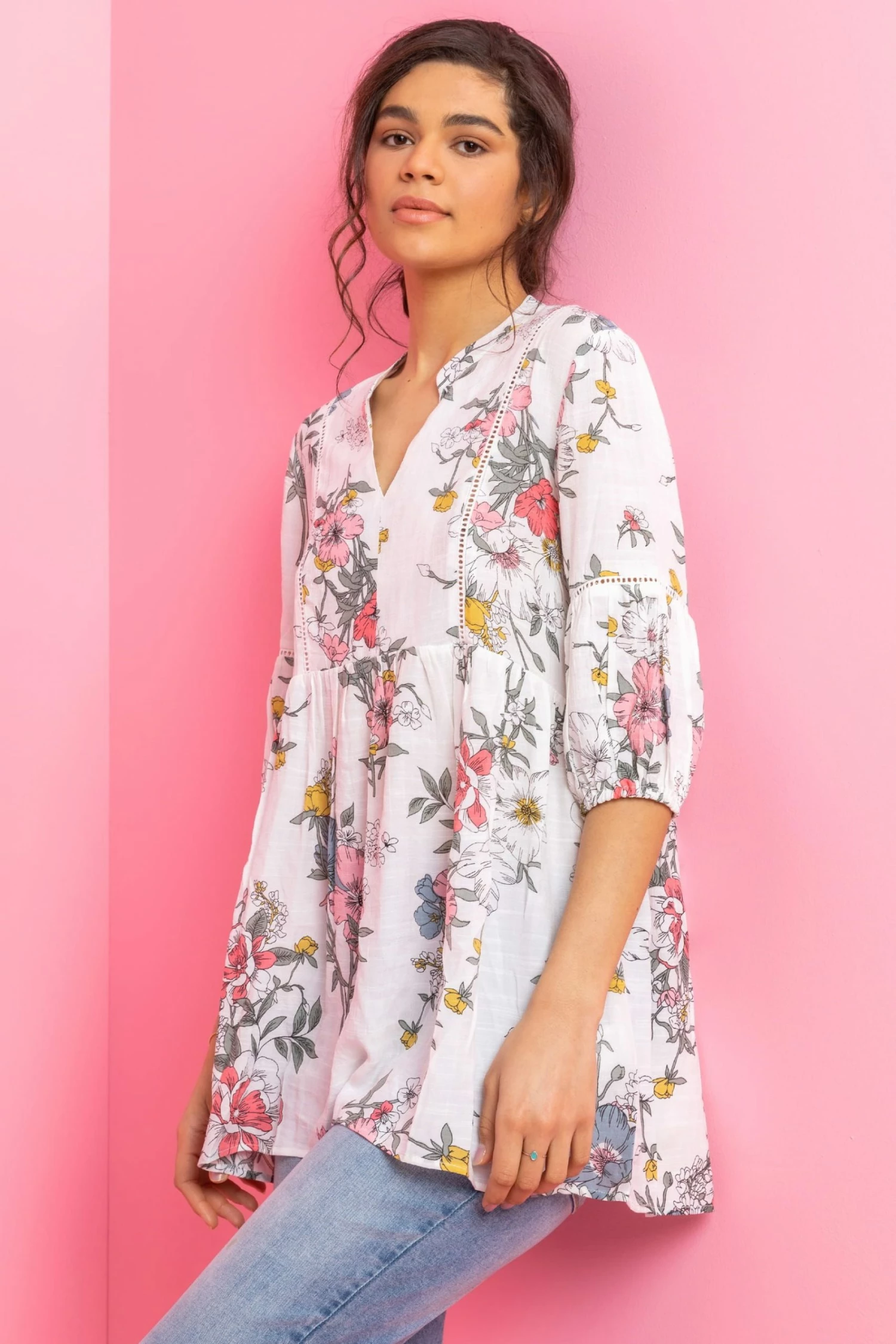 Roman White Floral Print Boho Smock Top 3 Roman White Floral Print Boho Smock Top