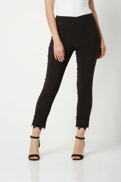 Roman Black Cropped Stretch Trousers With Lace Hem