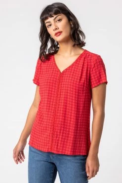 Roman Red Ditsy Embroidered Trim Detail Top