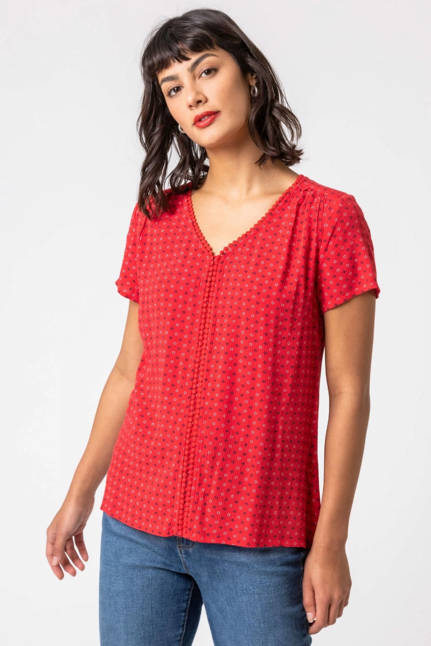 Roman Red Ditsy Embroidered Trim Detail Top 3 Roman Red Ditsy Embroidered Trim Detail Top