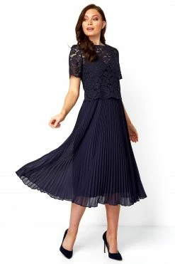 Roman Navy Lace Top Overlay Pleated Midi Dress