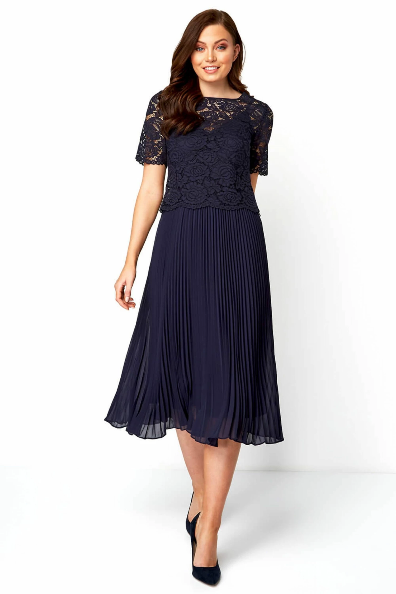 Roman Navy Lace Top Overlay Pleated Midi Dress 4 Roman Navy Lace Top Overlay Pleated Midi Dress - Image 2