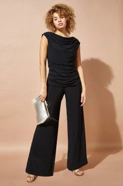 Roman Black Cowl Neck Ruched Jumpsuit