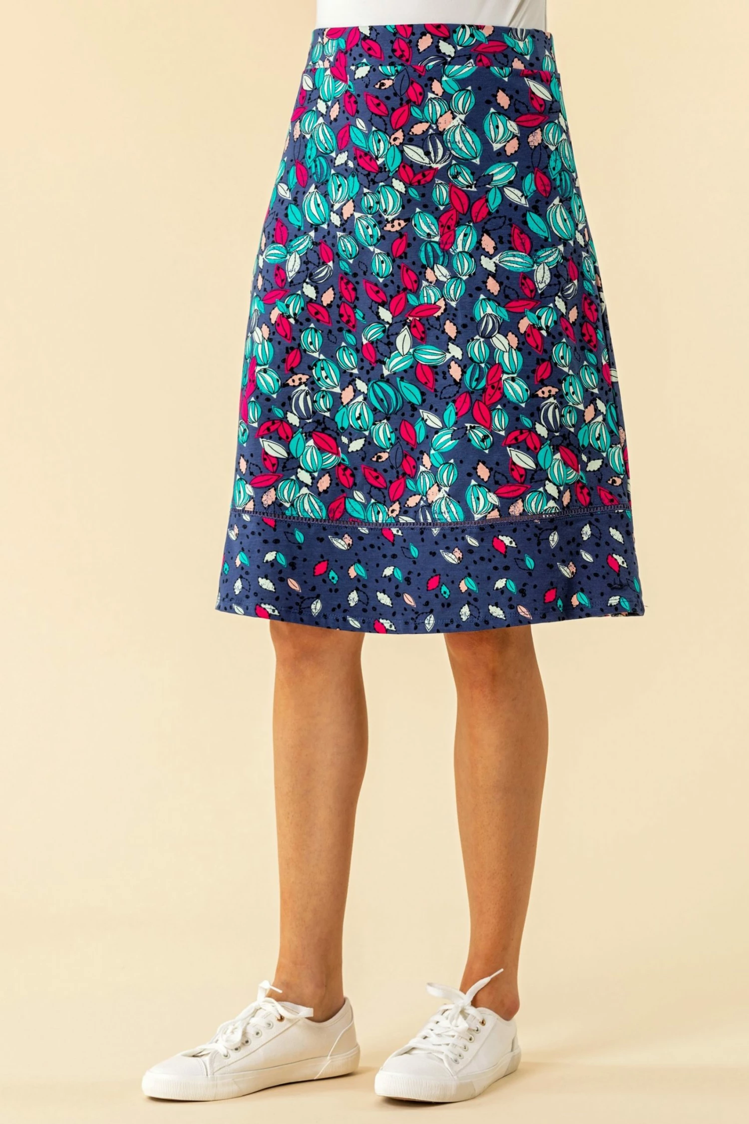 Roman Blue A Line Leaf Print Contrast Skirt 3 Roman Blue A Line Leaf Print Contrast Skirt