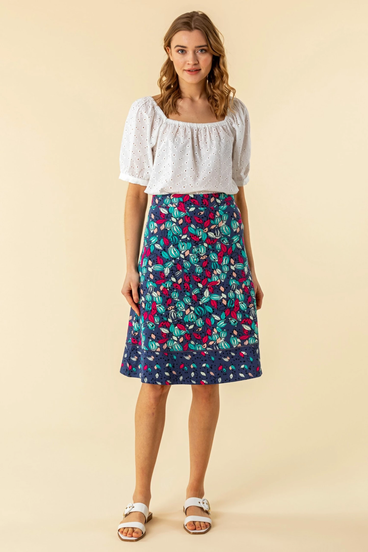 Roman Blue A Line Leaf Print Contrast Skirt 4 Roman Blue A Line Leaf Print Contrast Skirt - Image 2