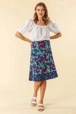 Roman Blue A Line Leaf Print Contrast Skirt 11 Roman Blue A Line Leaf Print Contrast Skirt -Roman Sales Shop unnamed file 12589