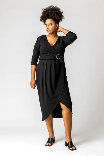Roman Black Curve V Neck Wrap Midi Dress 7 Roman Black Curve V Neck Wrap Midi Dress - Image 5