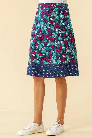 Roman Blue A Line Leaf Print Contrast Skirt 7 Roman Blue A Line Leaf Print Contrast Skirt - Image 5