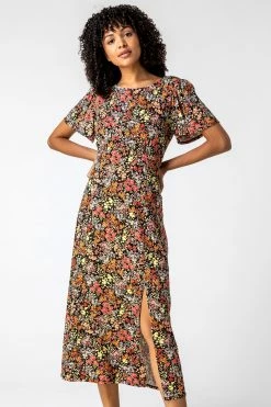 Roman Orange Multi Floral Print Side Split Dress