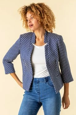 Roman Navy Jacquard Print Notch Neck Jacket