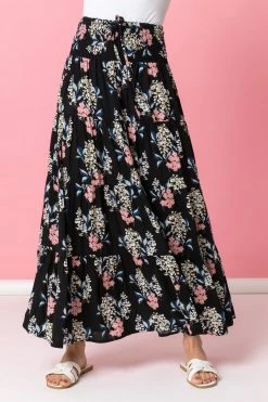 Roman Black Floral Shirred Waist Maxi Skirt
