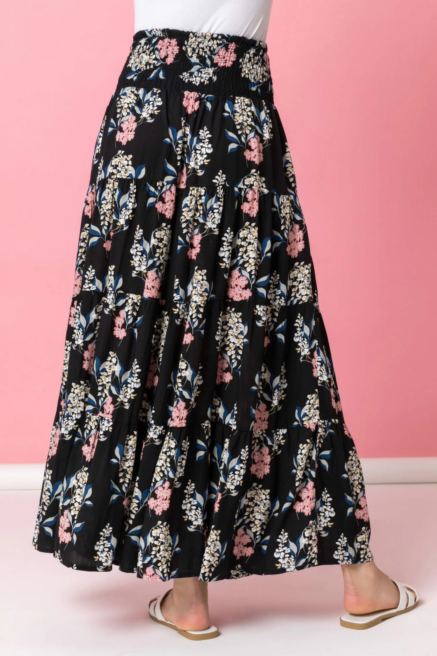 Roman Black Floral Shirred Waist Maxi Skirt 4 Roman Black Floral Shirred Waist Maxi Skirt - Image 2