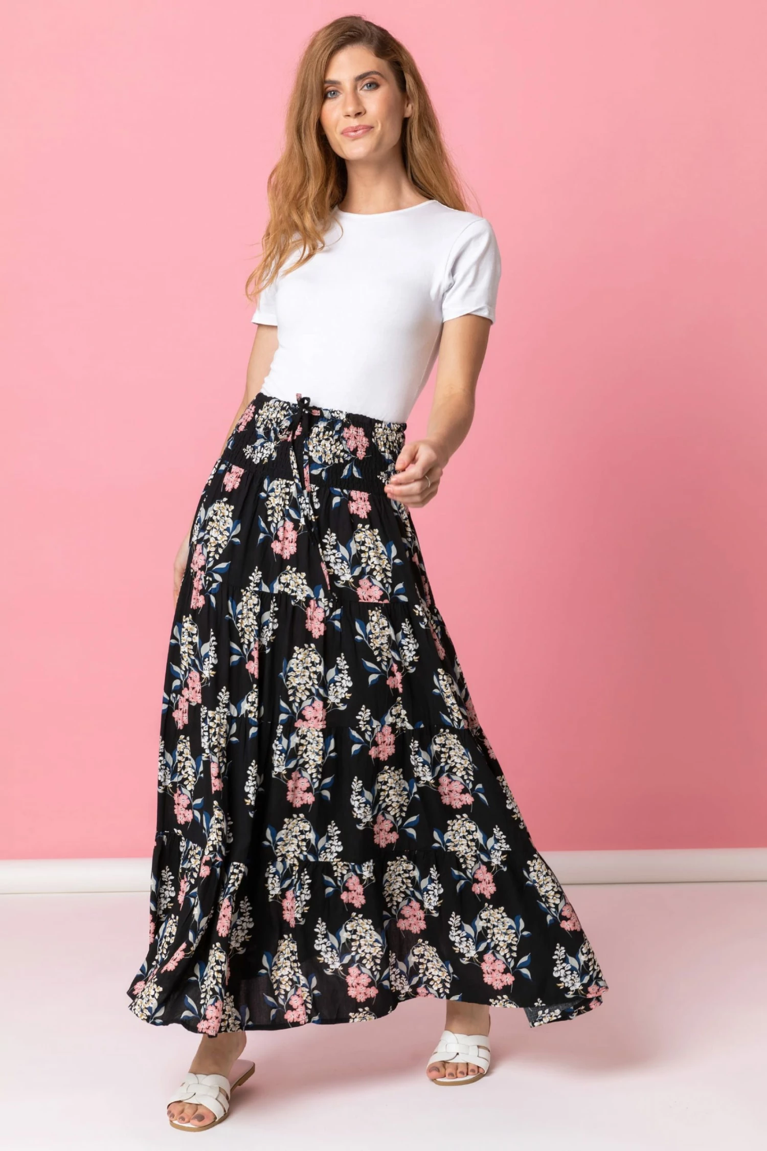 Roman Black Floral Shirred Waist Maxi Skirt 5 Roman Black Floral Shirred Waist Maxi Skirt - Image 3