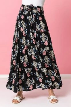Roman Black Floral Shirred Waist Maxi Skirt 12 Roman Black Floral Shirred Waist Maxi Skirt -Roman Sales Shop unnamed file 12656