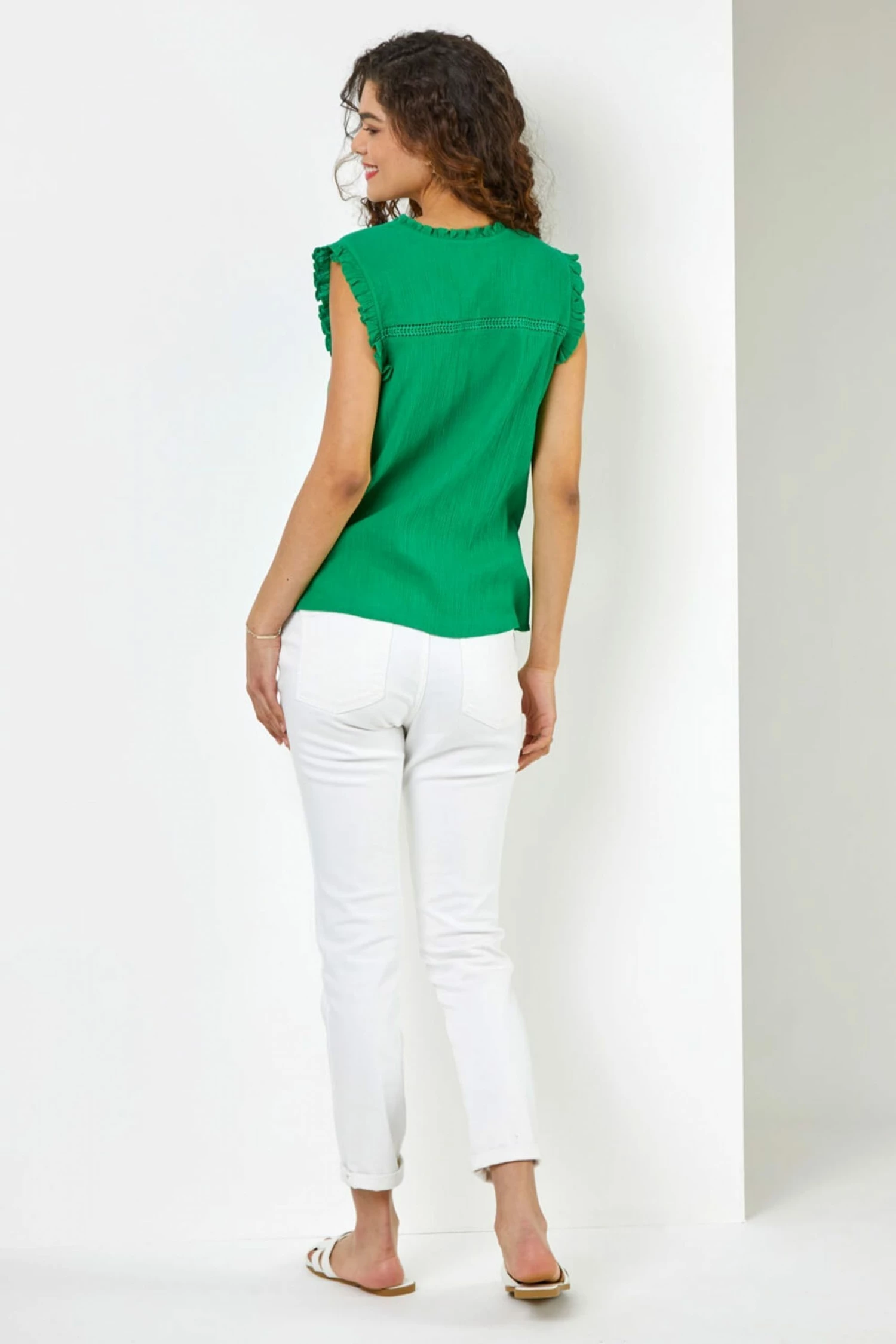 Roman Green Ruffle Detail Cotton Crinkle Top 5 Roman Green Ruffle Detail Cotton Crinkle Top - Image 3