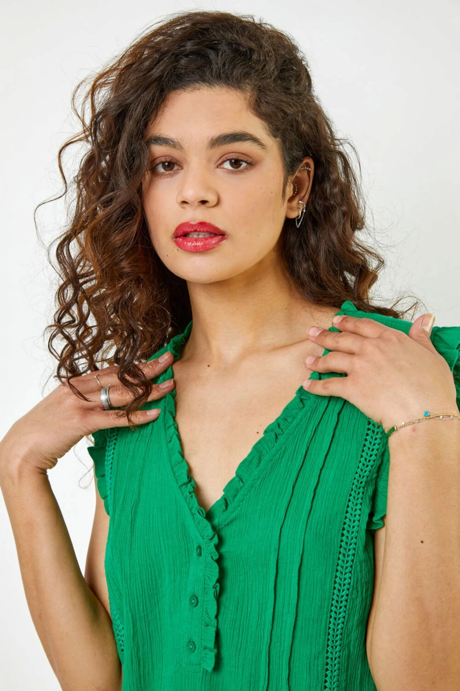 Roman Green Ruffle Detail Cotton Crinkle Top 6 Roman Green Ruffle Detail Cotton Crinkle Top - Image 4