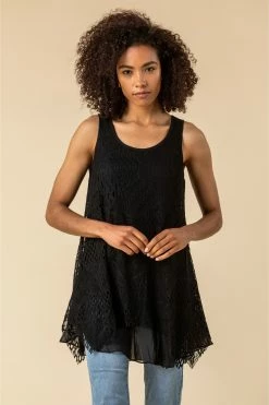 Roman Black Lace Overlay Hanky Hem Vest Top