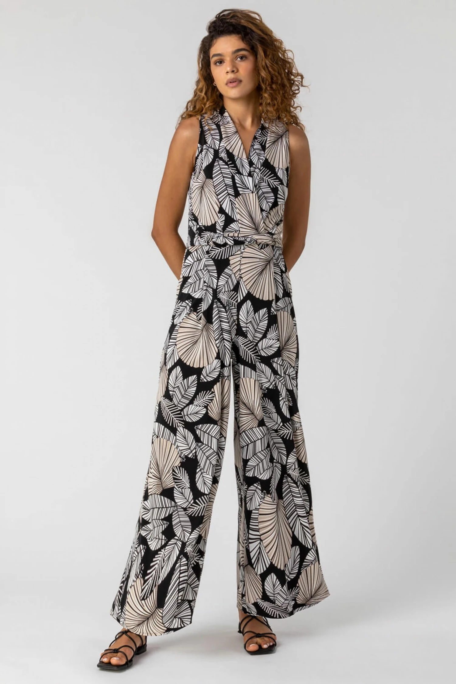 Roman Black Leaf Puff Print Jumpsuit 5 Roman Black Leaf Puff Print Jumpsuit - Image 3
