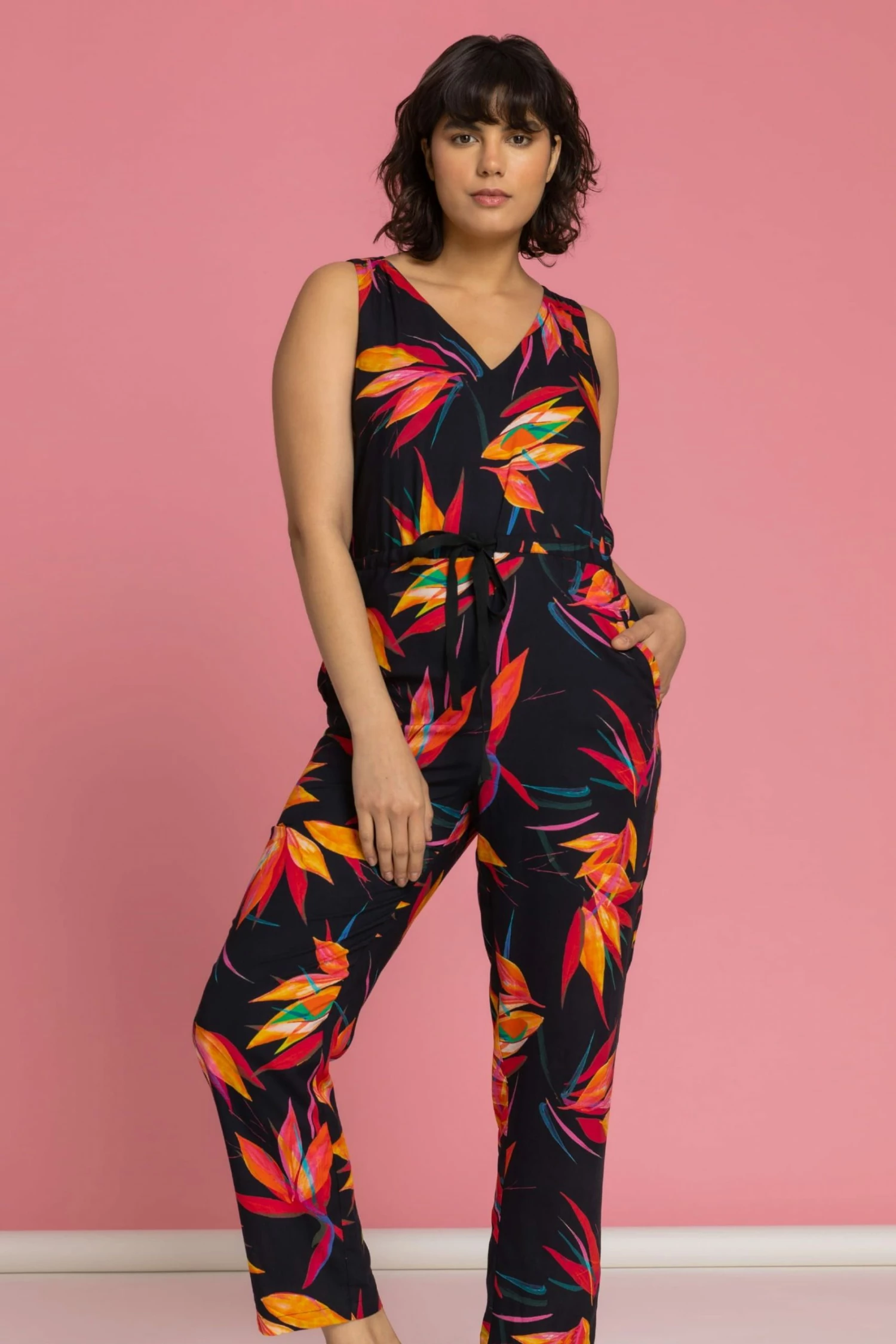 Roman Black Tropical Floral Print Tie Waist Jumpsuit 3 Roman Black Tropical Floral Print Tie Waist Jumpsuit