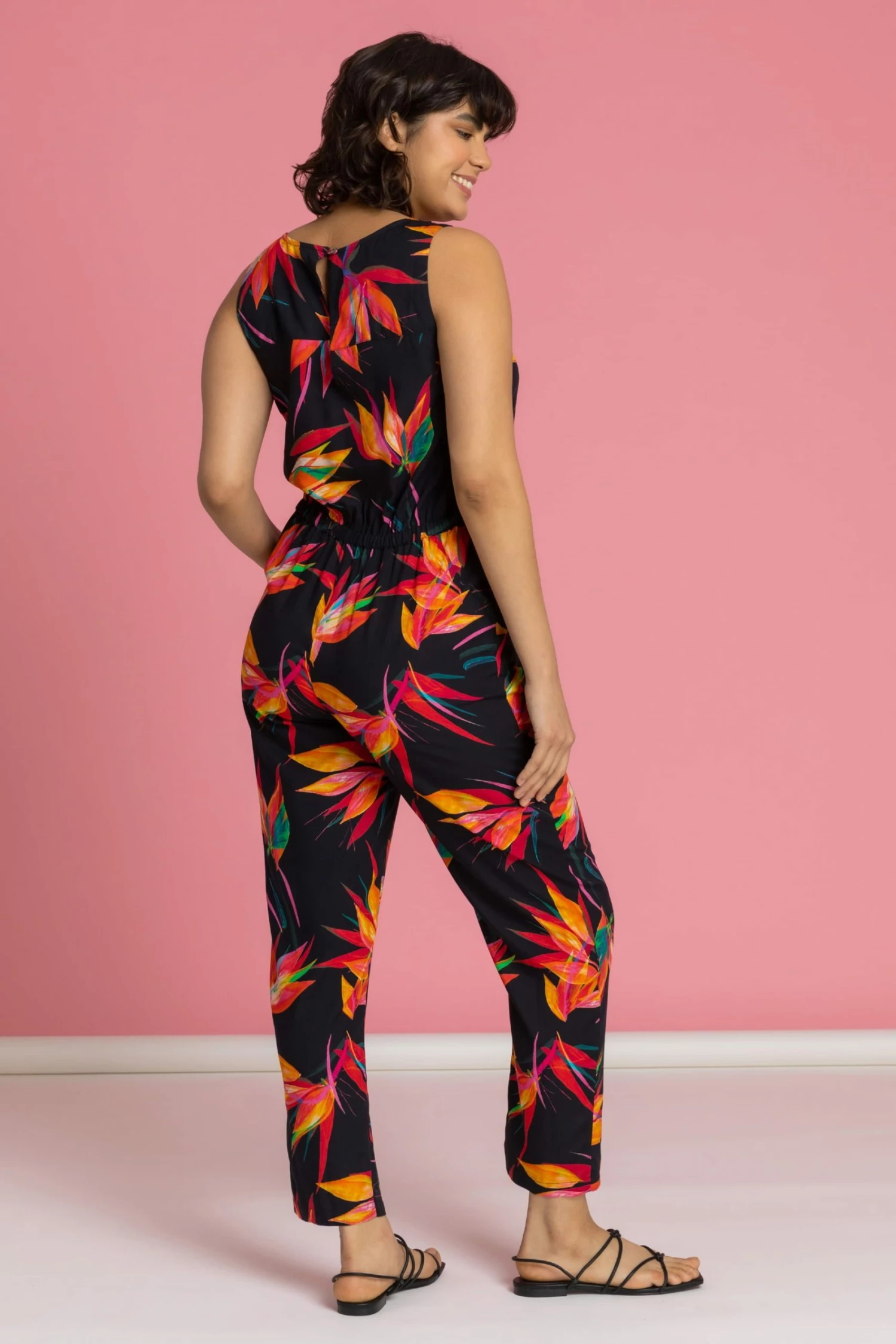 Roman Black Tropical Floral Print Tie Waist Jumpsuit 4 Roman Black Tropical Floral Print Tie Waist Jumpsuit - Image 2