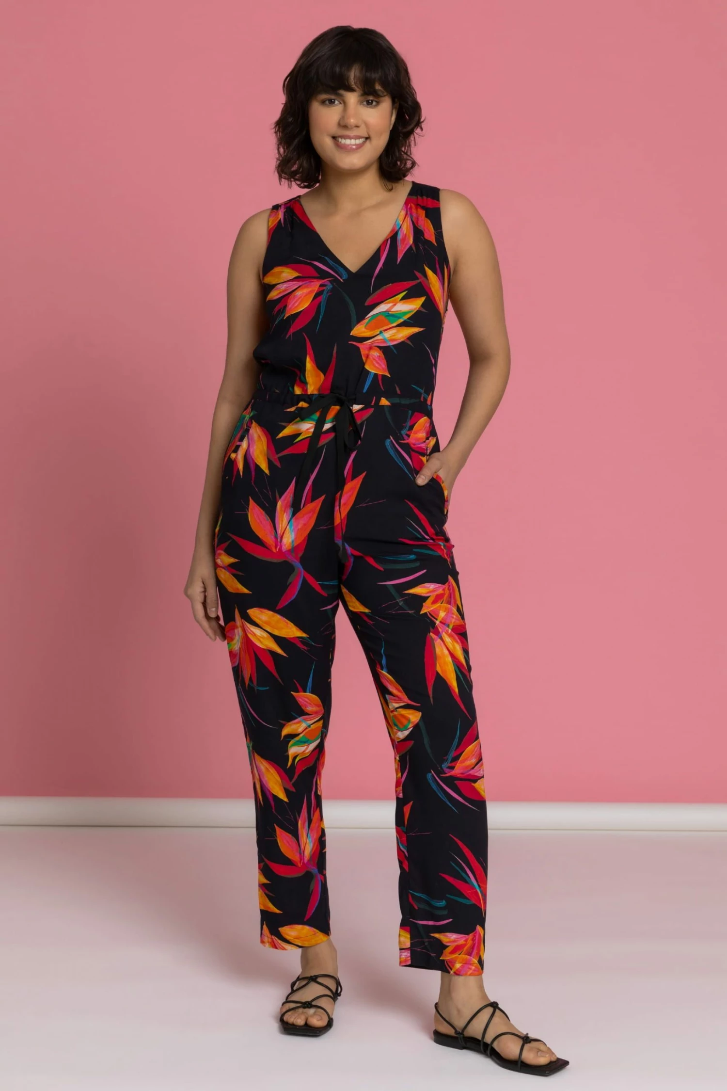 Roman Black Tropical Floral Print Tie Waist Jumpsuit 5 Roman Black Tropical Floral Print Tie Waist Jumpsuit - Image 3