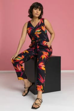 Roman Black Tropical Floral Print Tie Waist Jumpsuit 12 Roman Black Tropical Floral Print Tie Waist Jumpsuit -Roman Sales Shop unnamed file 12714