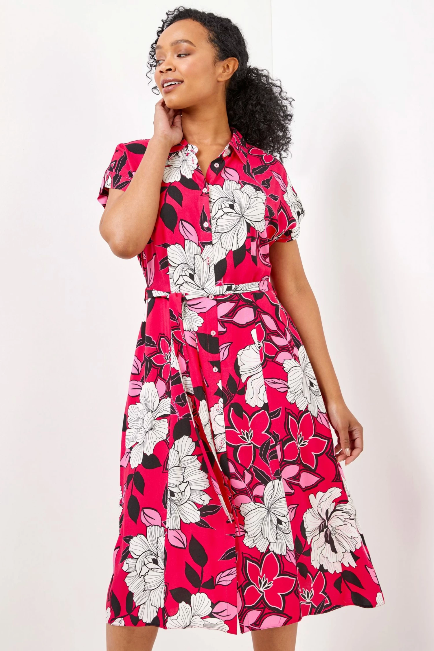Roman Pink Petite Floral Print Belted Shirt Dress 3 Roman Pink Petite Floral Print Belted Shirt Dress