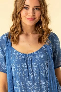 Roman Blue Floral Print Crinkle Tunic Top -Roman Sales Shop unnamed file 12724