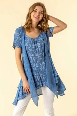 Roman Blue Floral Print Crinkle Tunic Top -Roman Sales Shop unnamed file 12725