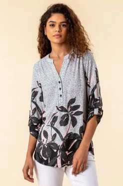 Roman Pink Floral Hem Spot Print Shirt