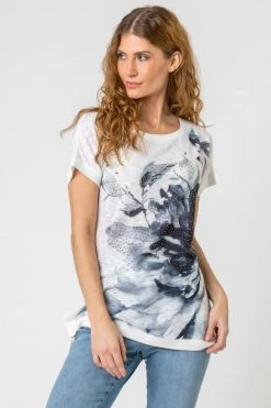 Roman Blue Floral Placement Print Embellished T-Shirt