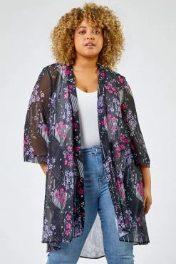 Roman Black Curve Ditsy Floral Print Longline Kimono