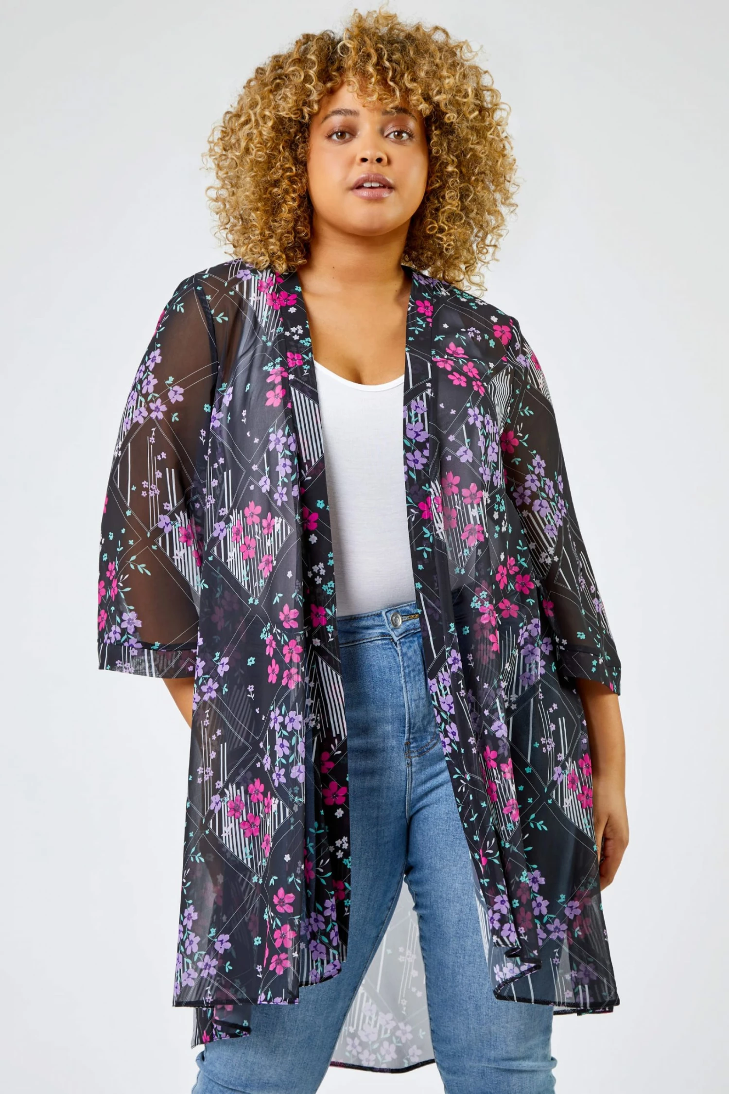 Roman Black Curve Ditsy Floral Print Longline Kimono 3 Roman Black Curve Ditsy Floral Print Longline Kimono