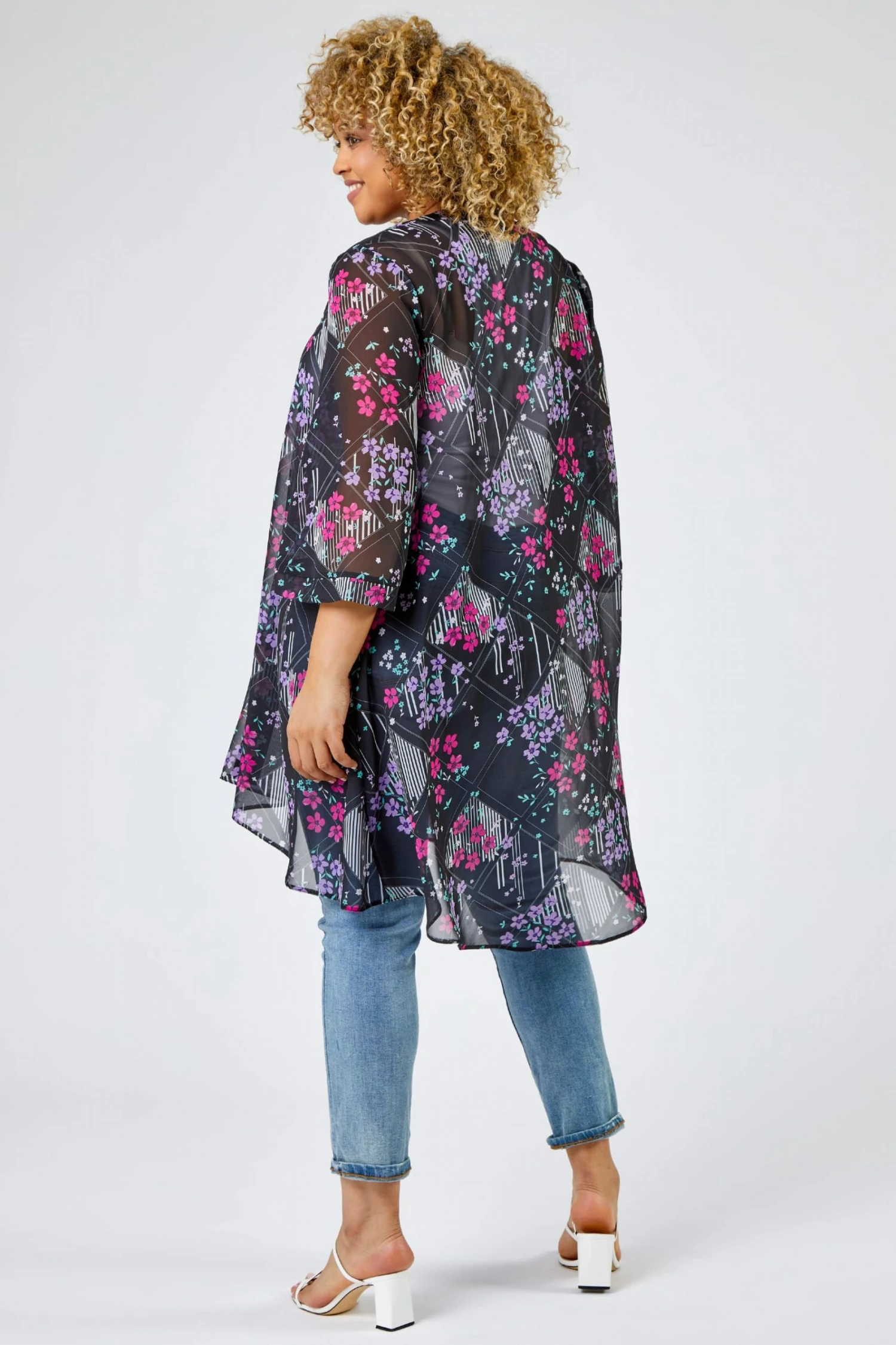 Roman Black Curve Ditsy Floral Print Longline Kimono 4 Roman Black Curve Ditsy Floral Print Longline Kimono - Image 2