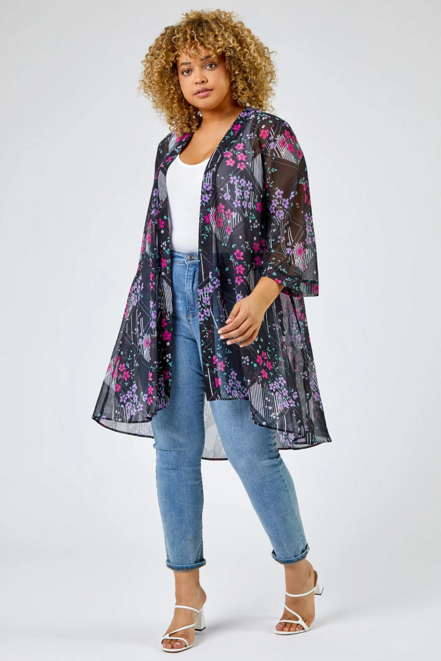 Roman Black Curve Ditsy Floral Print Longline Kimono 5 Roman Black Curve Ditsy Floral Print Longline Kimono - Image 3